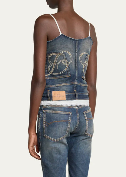 Patched Lace Denim Tank Top