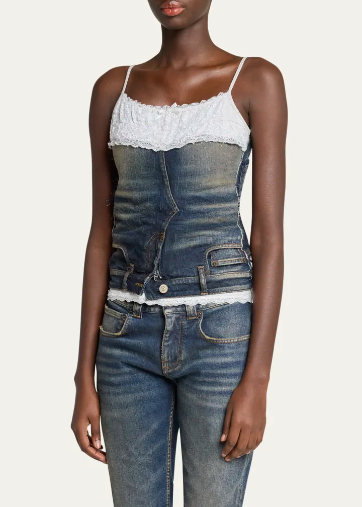 Patched Lace Denim Tank Top