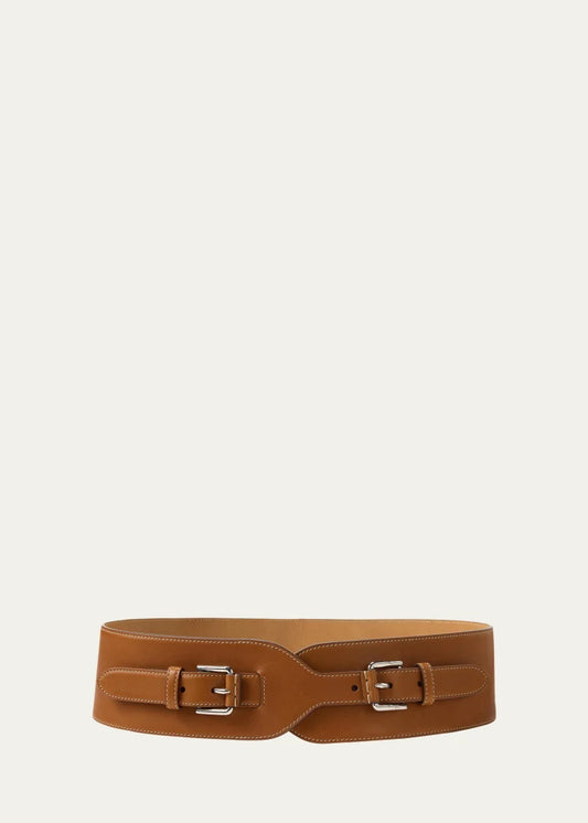 Double-Buckle Calfskin Wide Waist