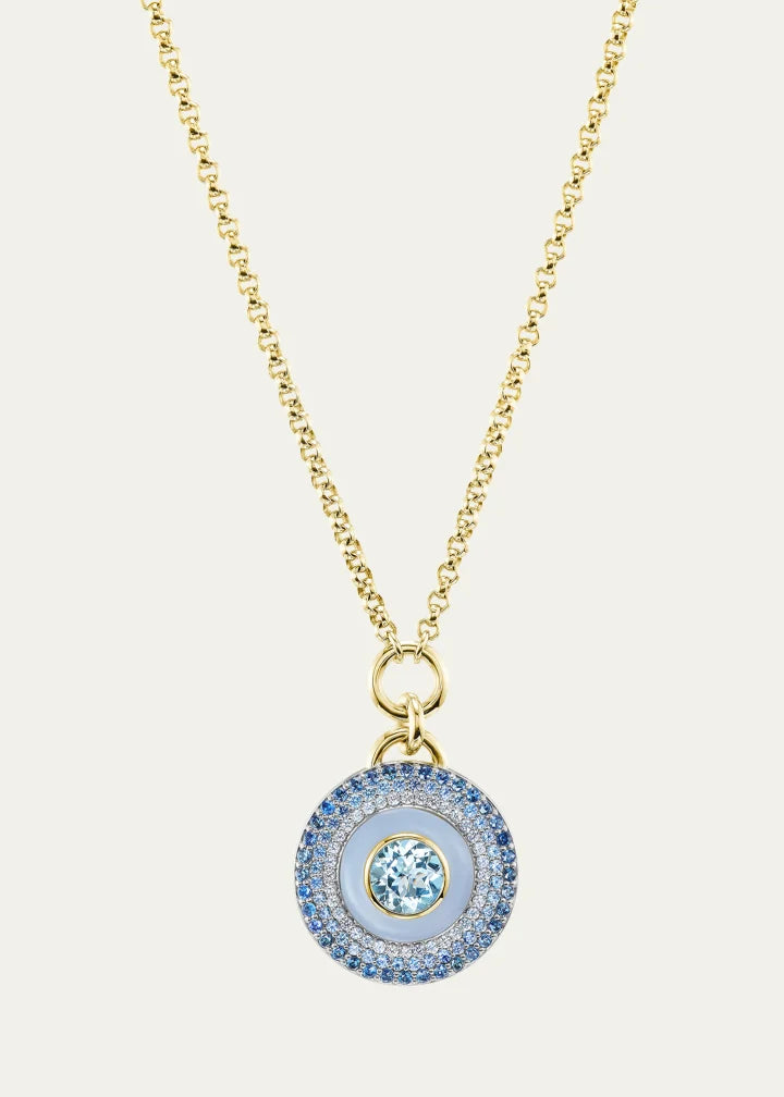 Air Medallion Necklace with Blue Lace Agate, Aquamarine and Sapphires