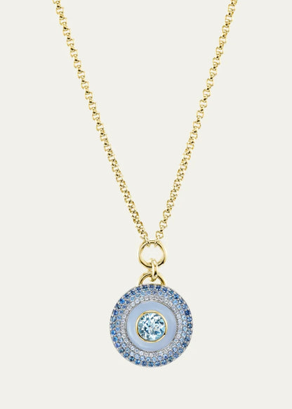 Air Medallion Necklace with Blue Lace Agate, Aquamarine and Sapphires