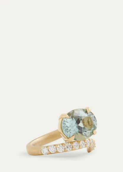 Yellow Gold Script Ring with Light Green Tourmaline Oval and Diamonds