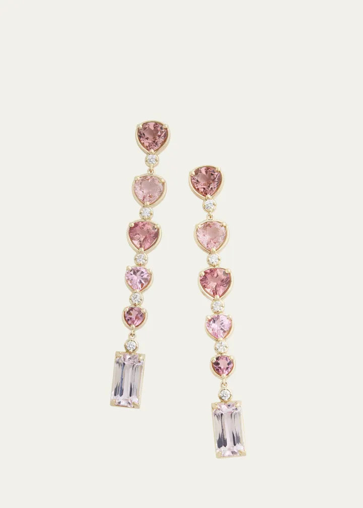 Ombre Pear Shape and Emerald Cut Drop Earrings with Pink Tourmaline, Kunzite and Diamonds