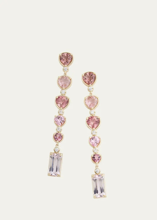 Ombre Pear Shape and Emerald Cut Drop Earrings with Pink Tourmaline, Kunzite and Diamonds