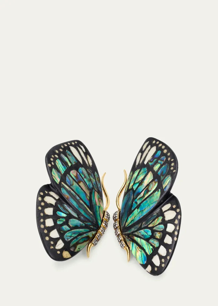 Butterfly Wing Marquetry Earrings with Mother Of Pearl, Abalone Inlay and Diamonds
