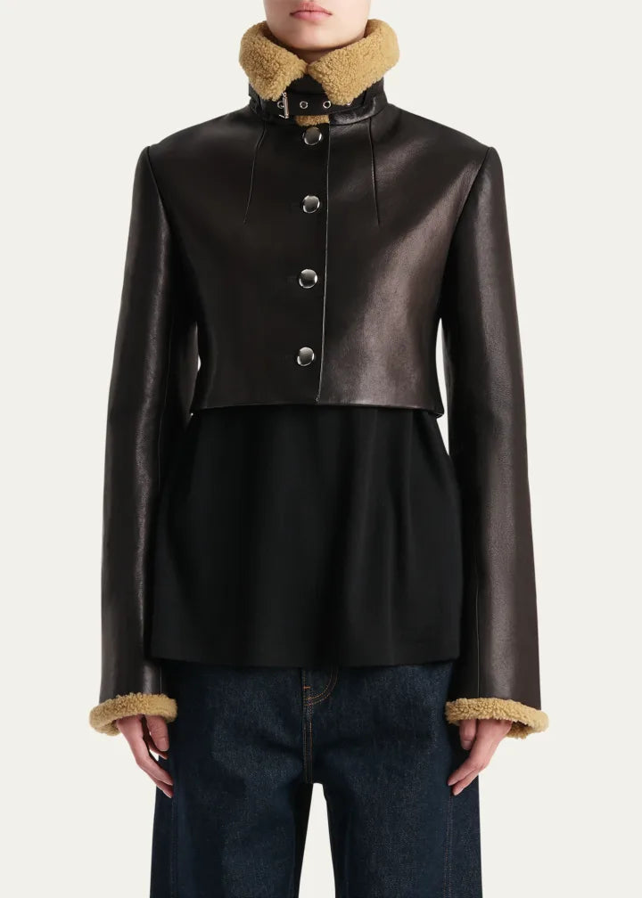 Jodie Shearling-Trim Cropped Leather Jacket