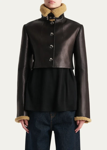 Jodie Shearling-Trim Cropped Leather Jacket