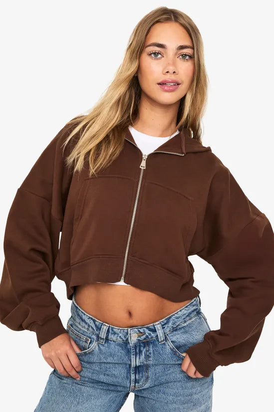 Boxy Balloon Sleeve Oversized Zip Through Hoodie