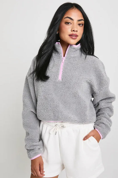 Contrast Piping Cropped Half Zip Borg Hoodie