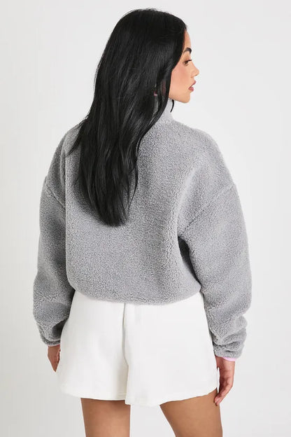 Contrast Piping Cropped Half Zip Borg Hoodie