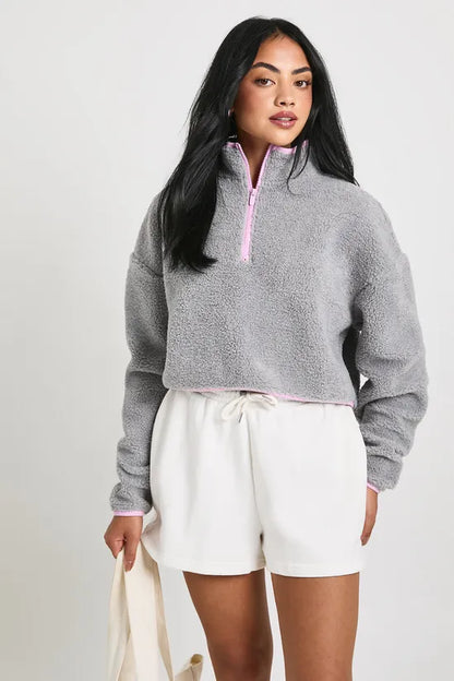 Contrast Piping Cropped Half Zip Borg Hoodie